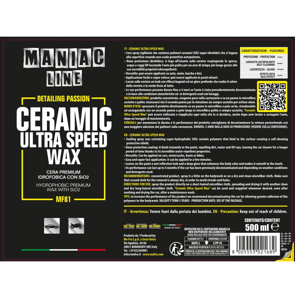 Ceramic Ultra Speed Wax - Maniac Line For Car Detailing