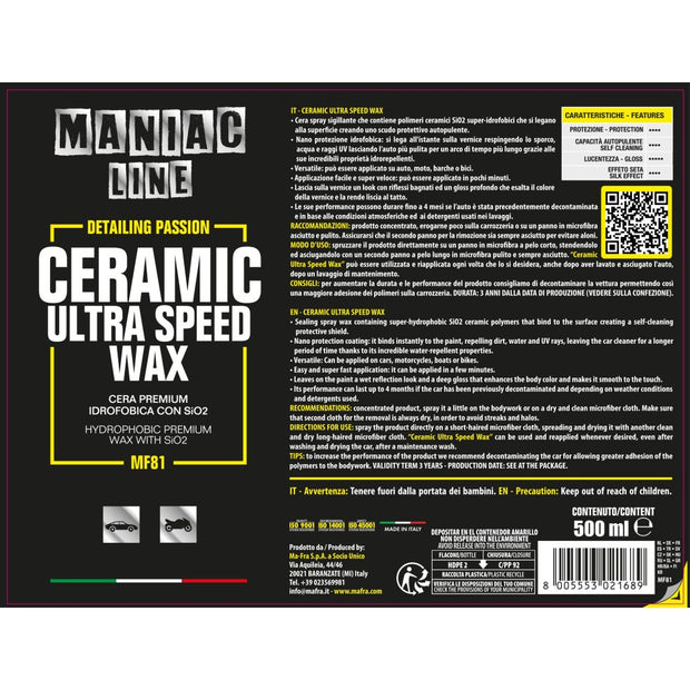 Ceramic Ultra Speed Wax - Maniac Line For Car Detailing